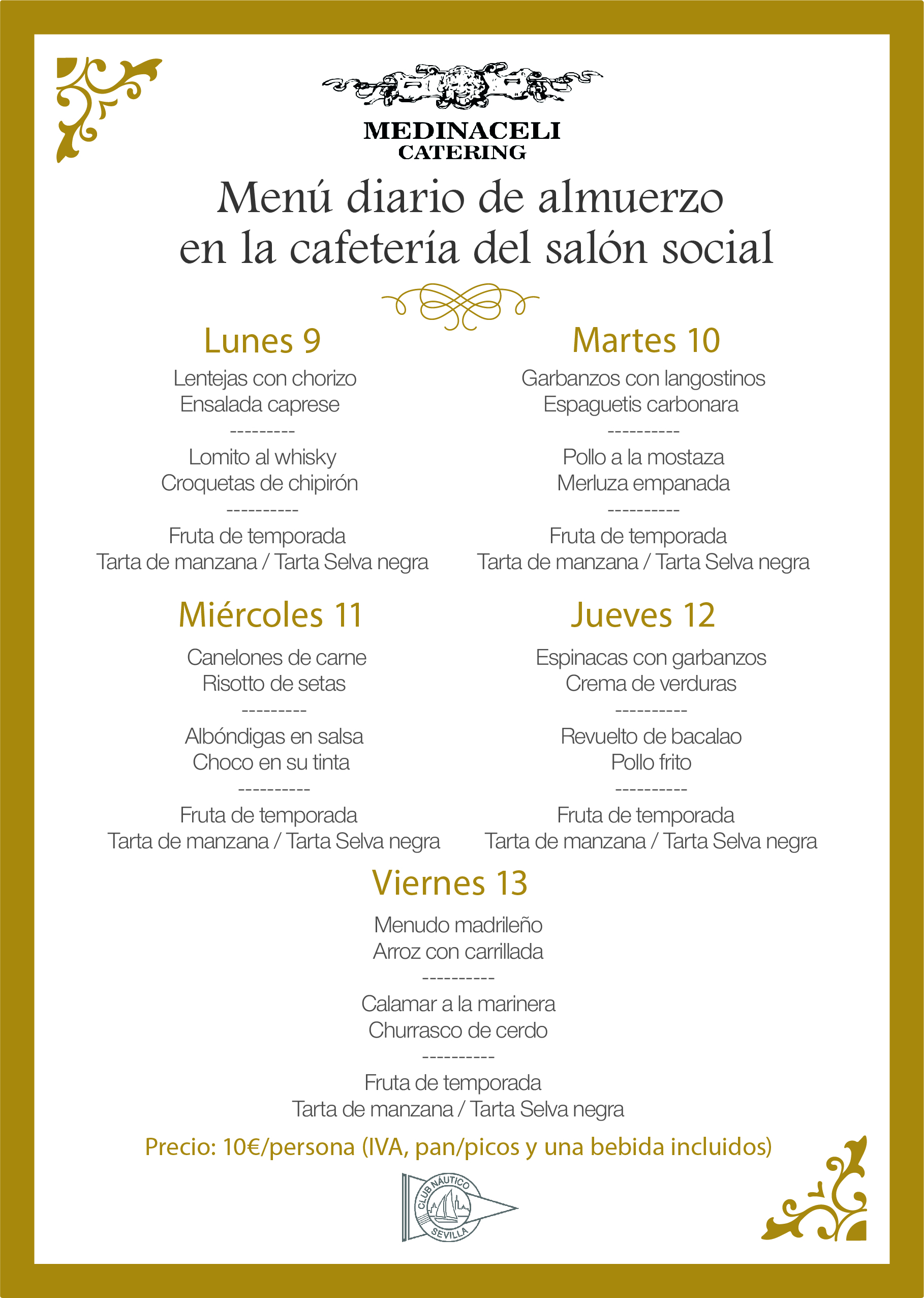 Menú intersemanal del servicio de restauración del Club Náutico