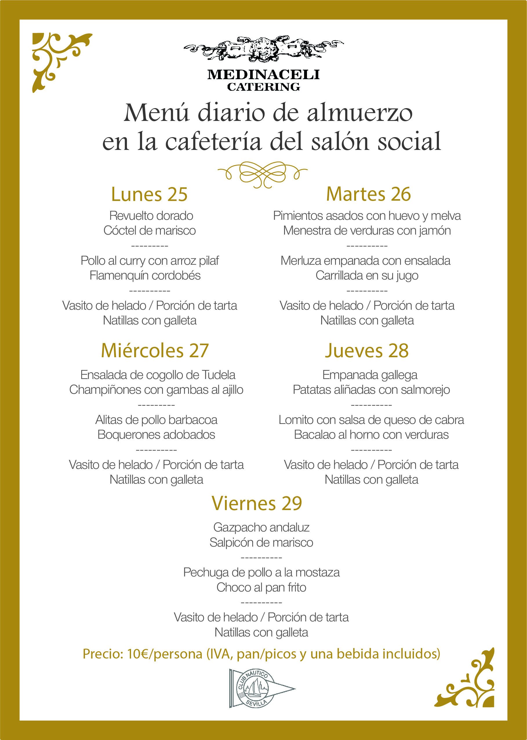 Menú intersemanal del servicio de restauración del Club Náutico