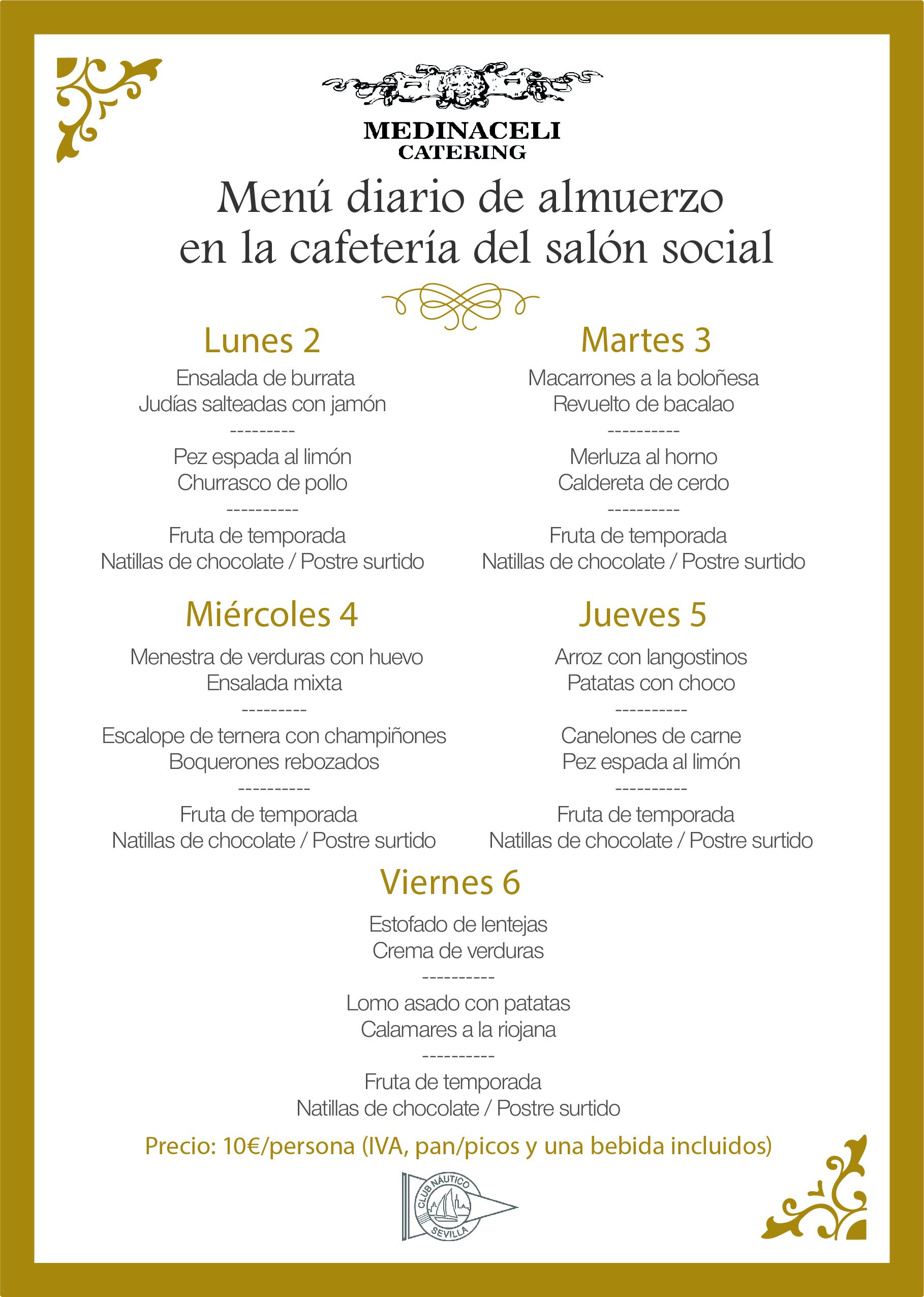 Menú intersemanal del servicio de restauración del Club Náutico