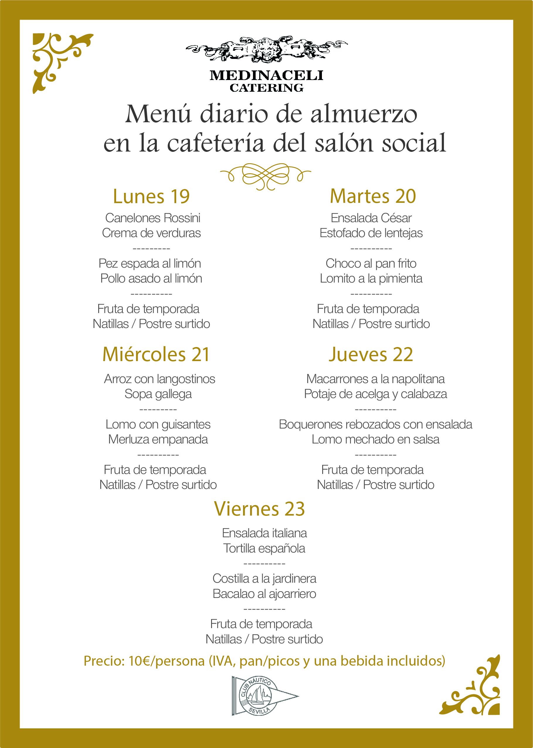 Menú intersemanal del servicio de restauración del Club Náutico