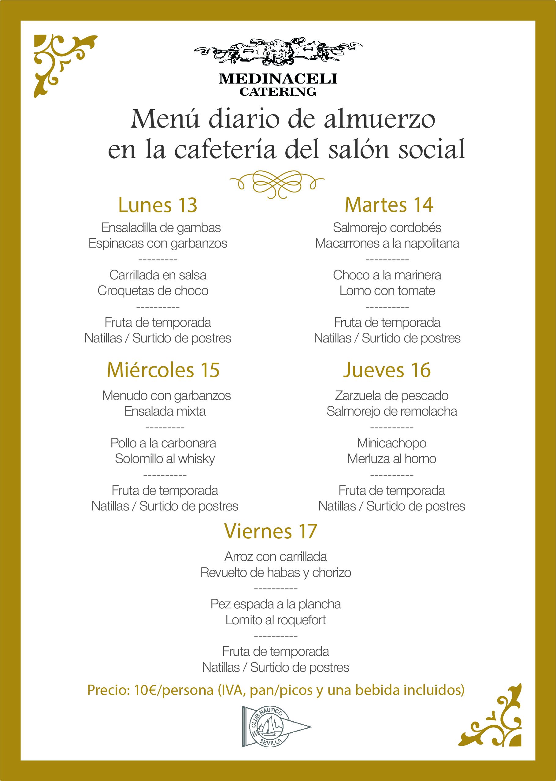 Menú intersemanal del servicio de restauración del Club Náutico