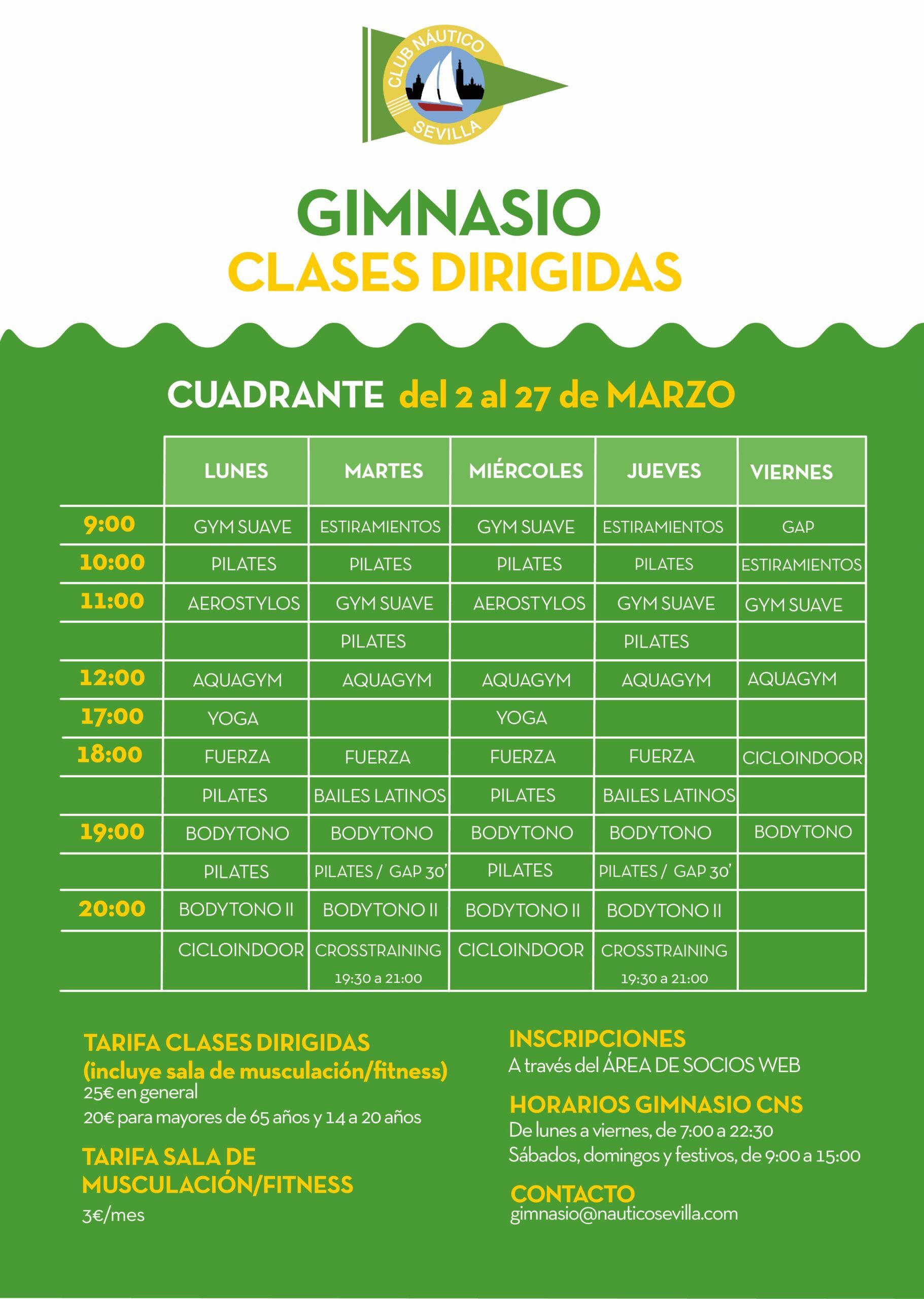 Actividades dirigidas del gimnasio del 2 al 27 de marzo