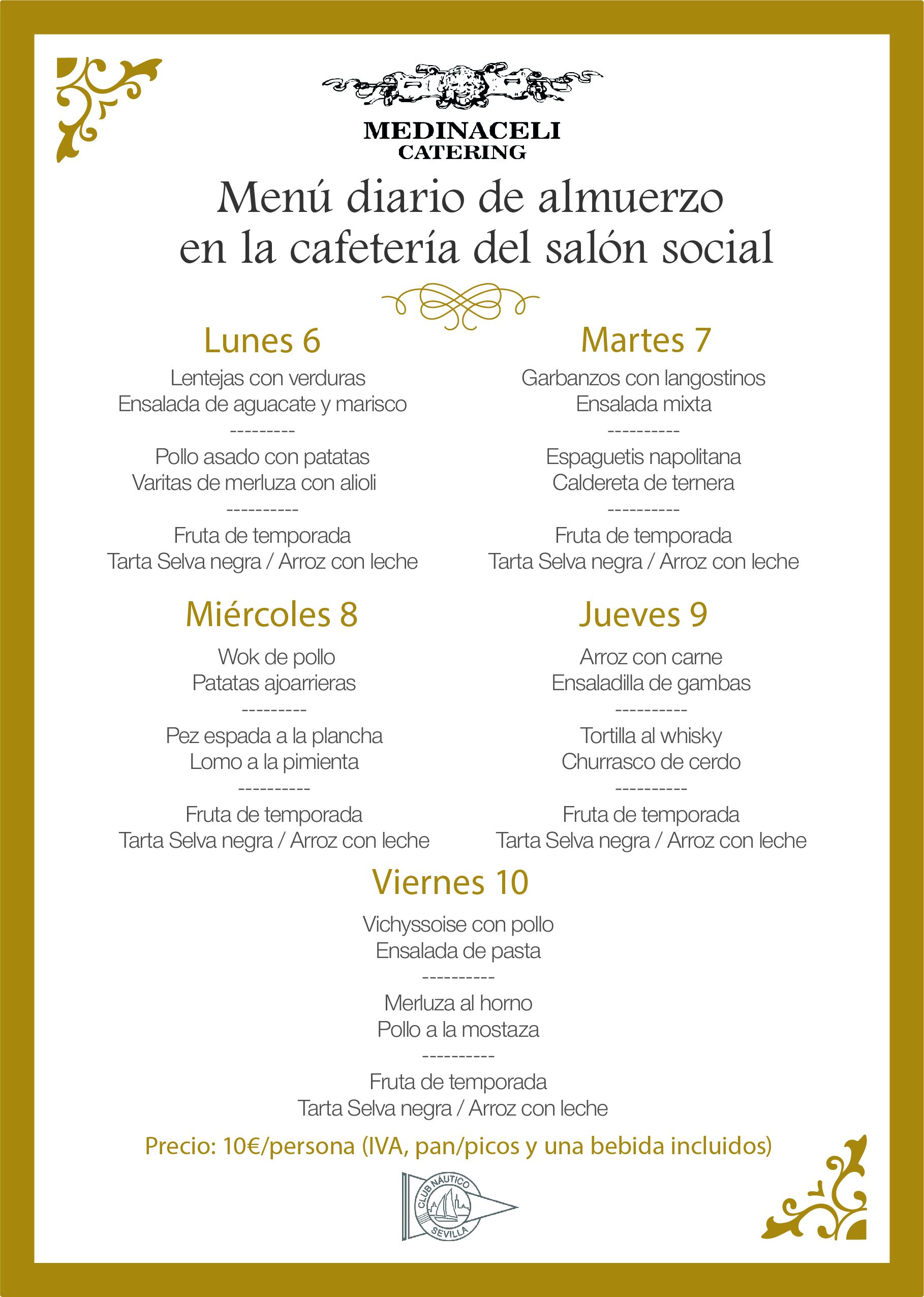 Menú intersemanal del servicio de restauración del Club Náutico