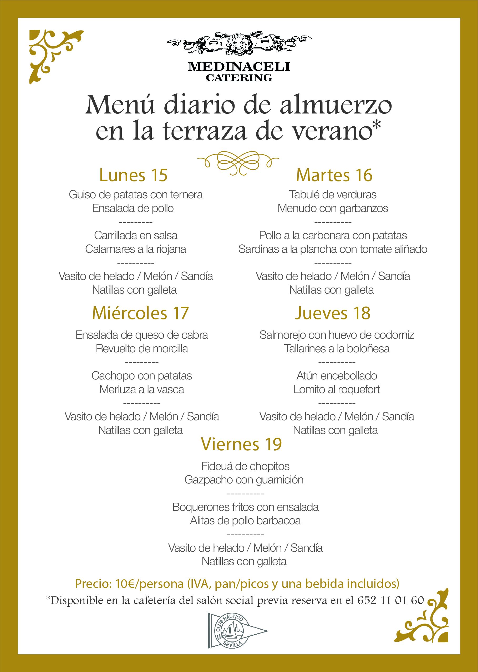 Menú intersemanal del servicio de restauración del Club Náutico