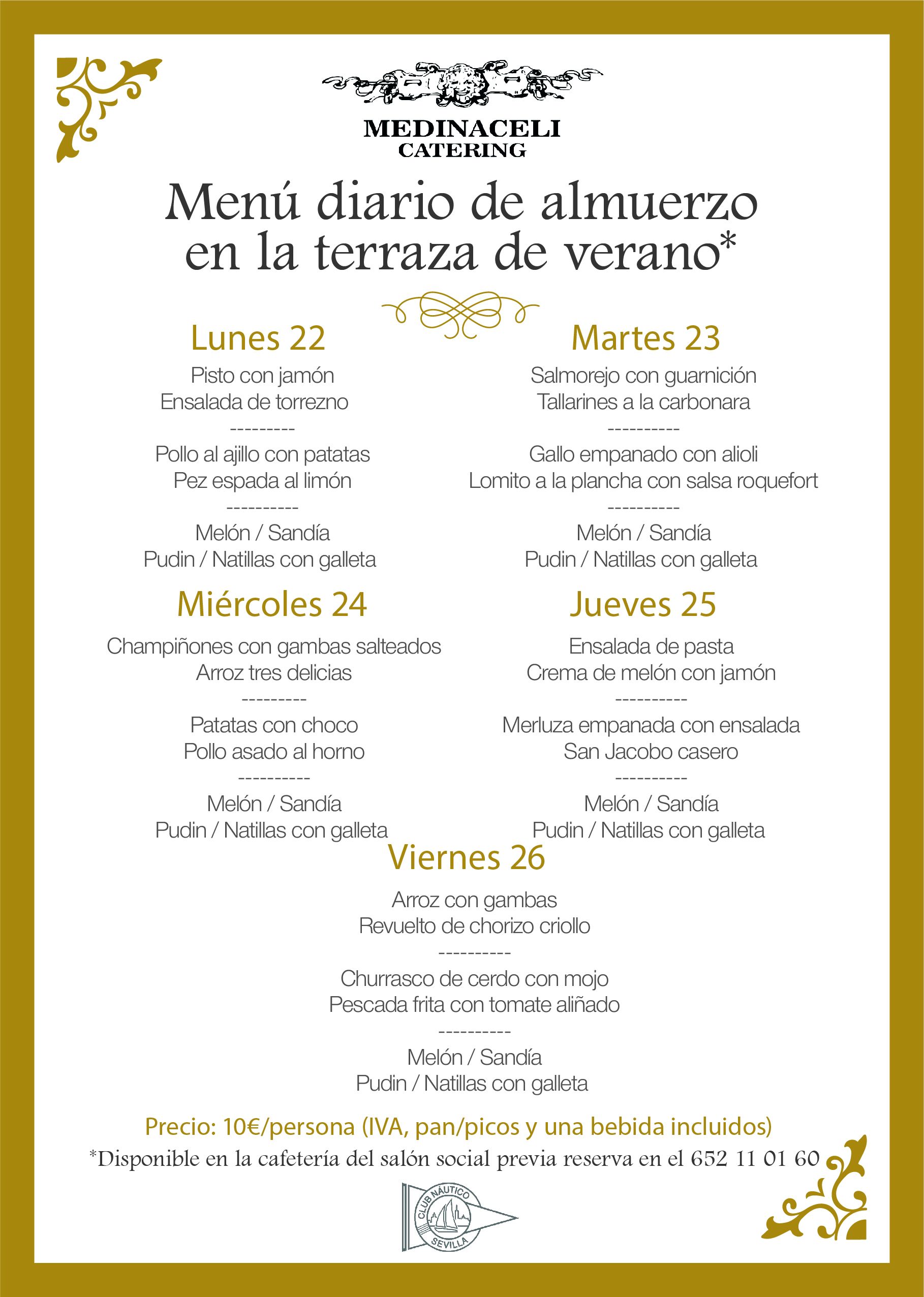 Menú intersemanal del servicio de restauración del Club Náutico