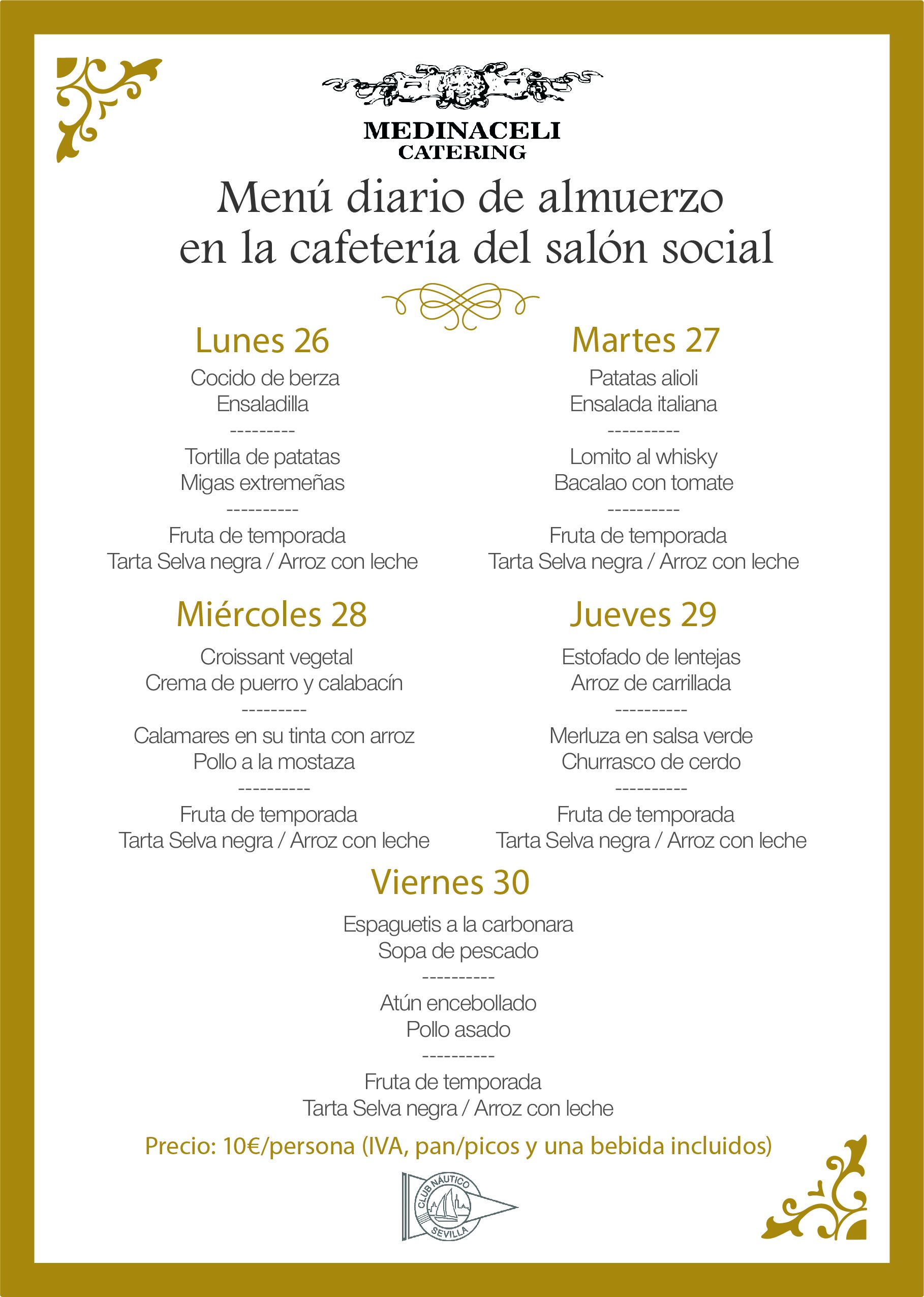 Menú intersemanal del servicio de restauración del Club Náutico