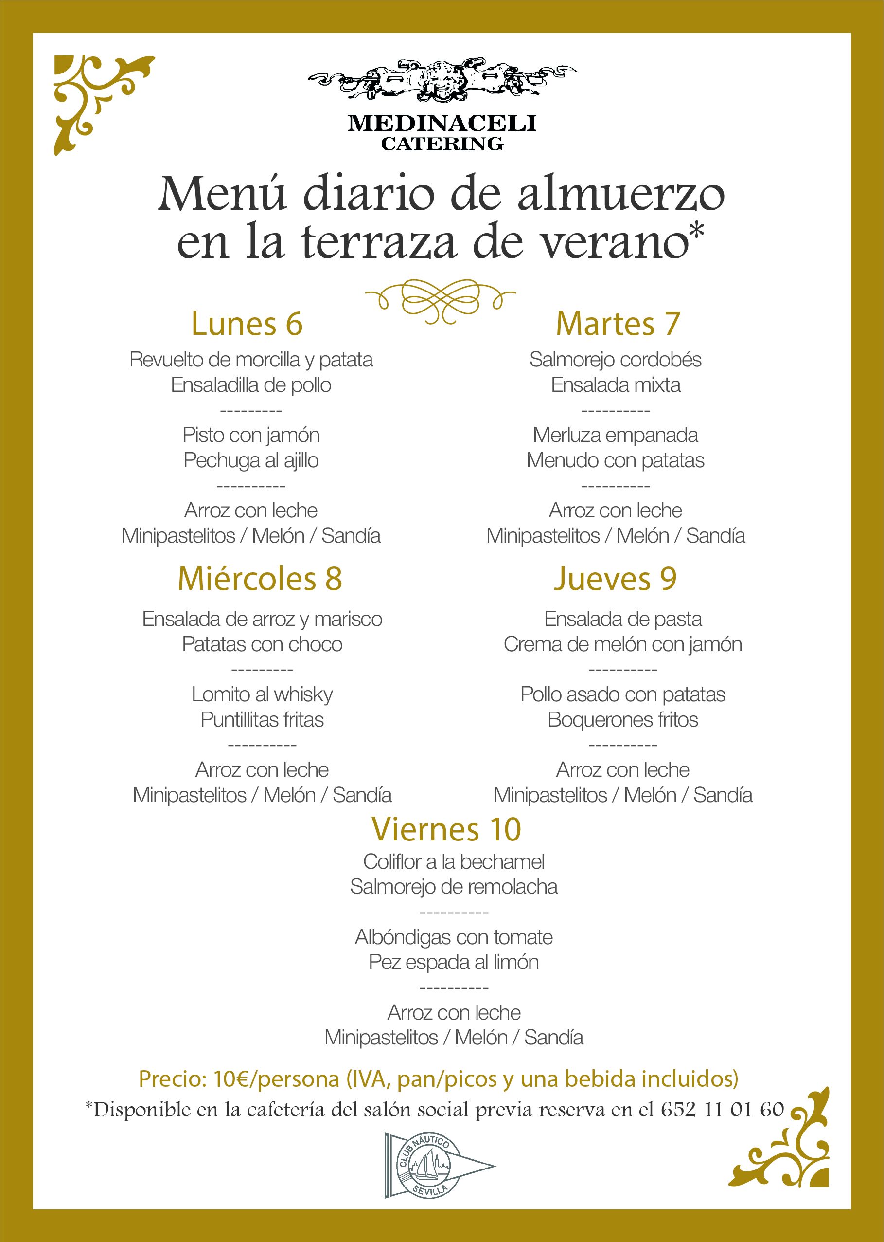 Menú intersemanal del servicio de restauración del Club Náutico
