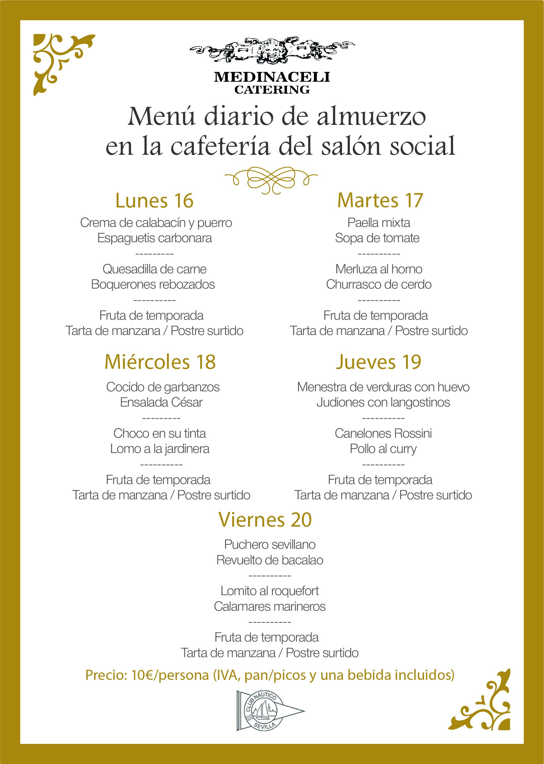 Menú intersemanal del servicio de restauración del Club Náutico