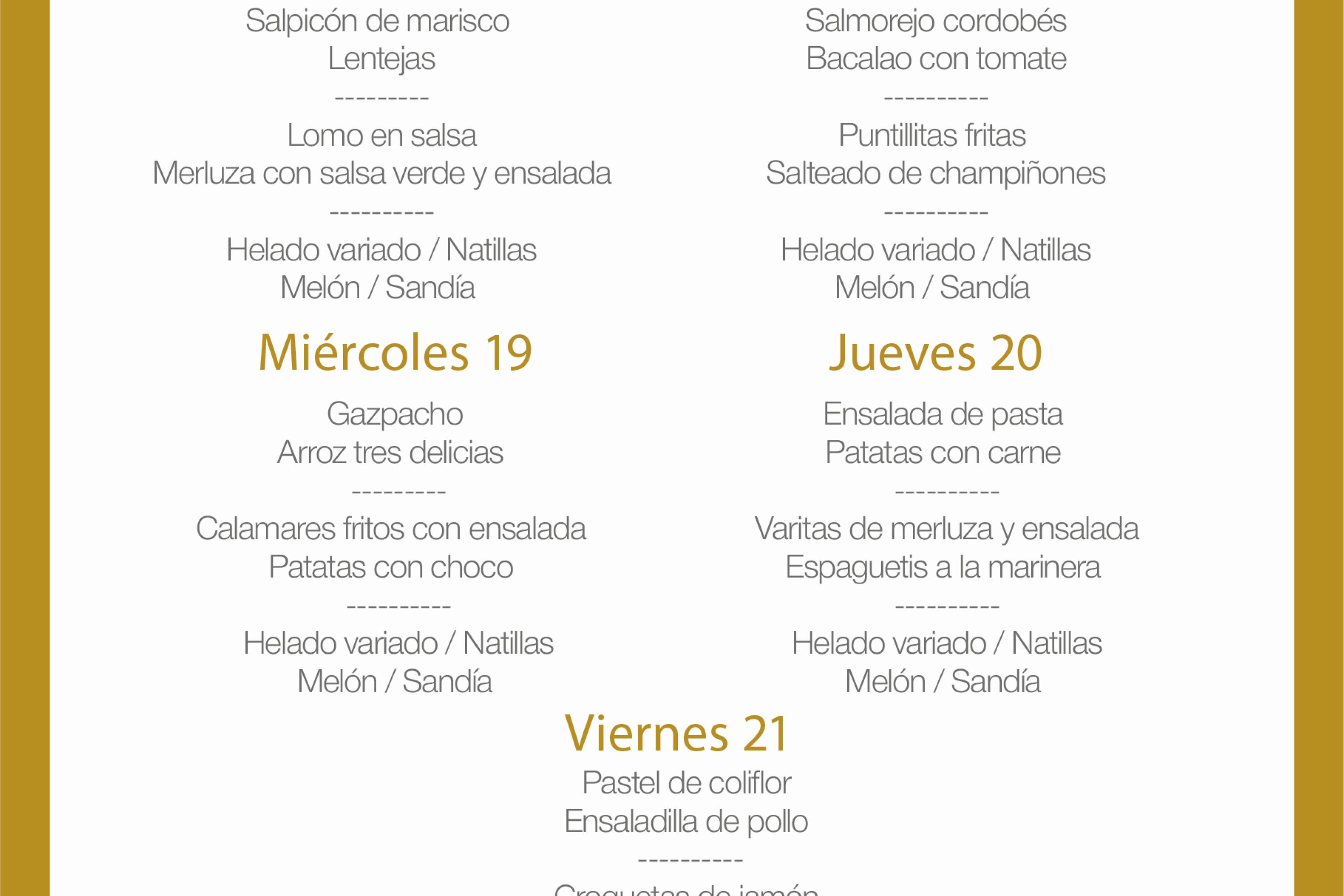 Menú intersemanal del servicio de restauración del Club Náutico
