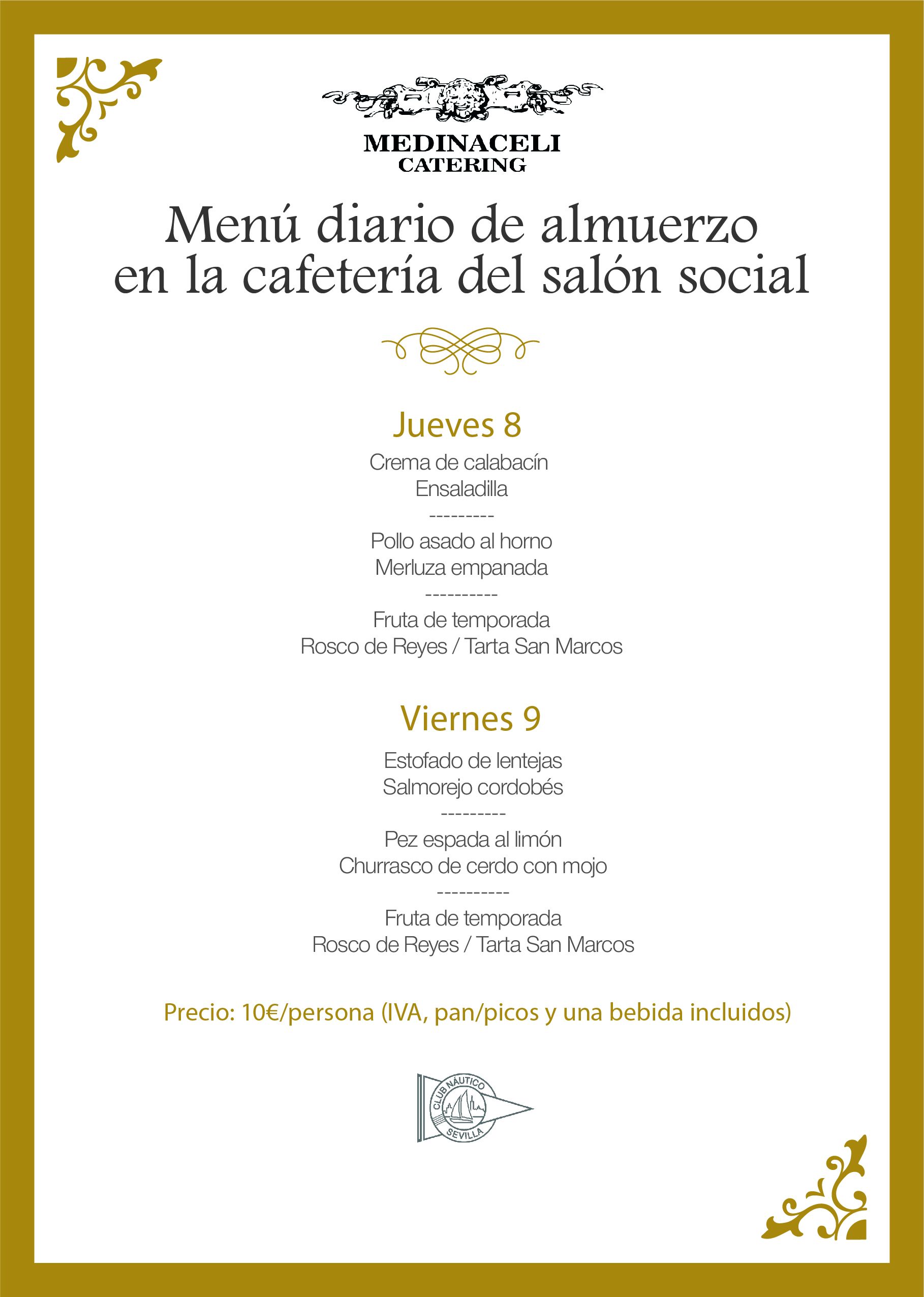 Menú intersemanal del servicio de restauración del Club Náutico