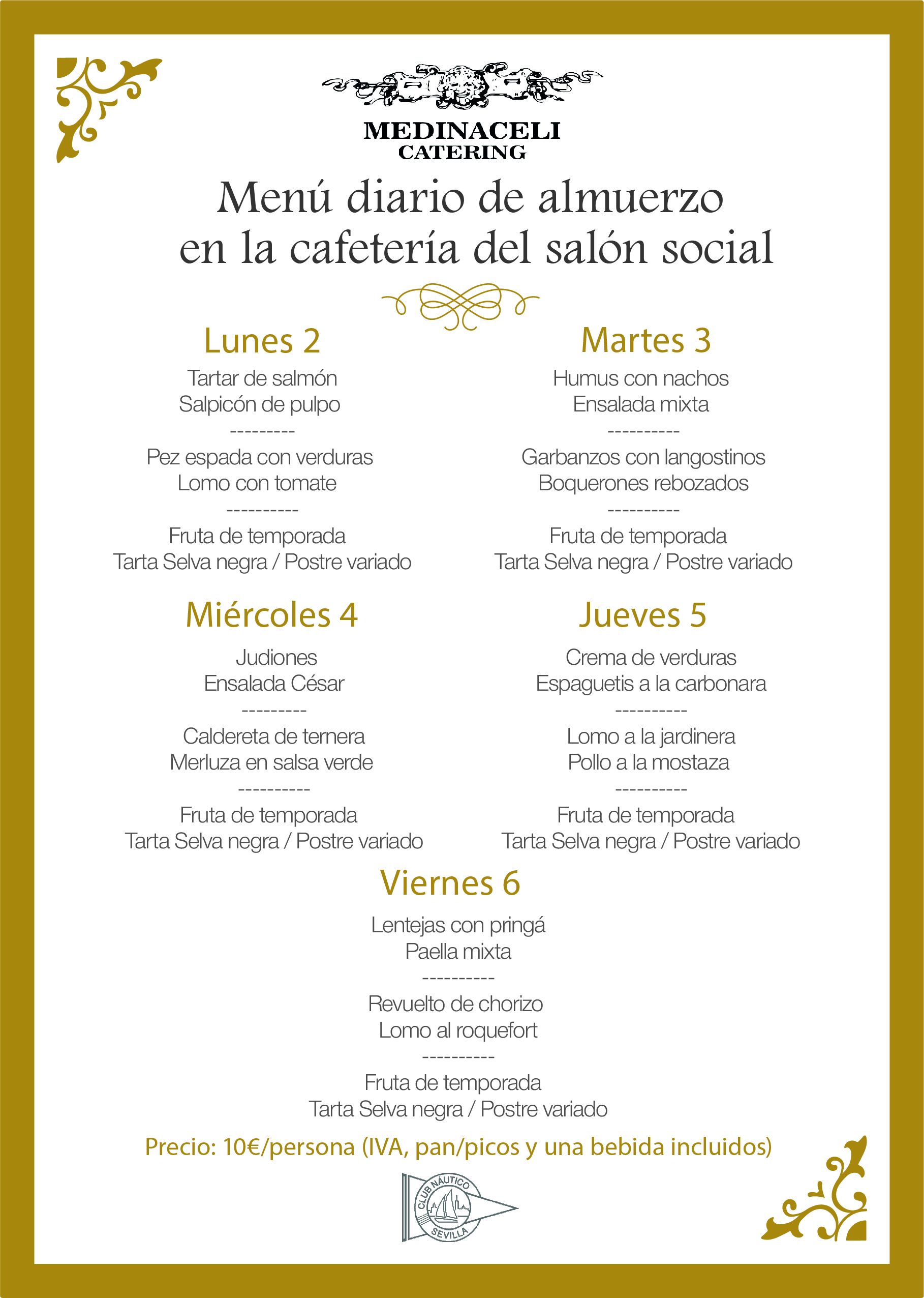 Menú intersemanal del servicio de restauración del Club Náutico