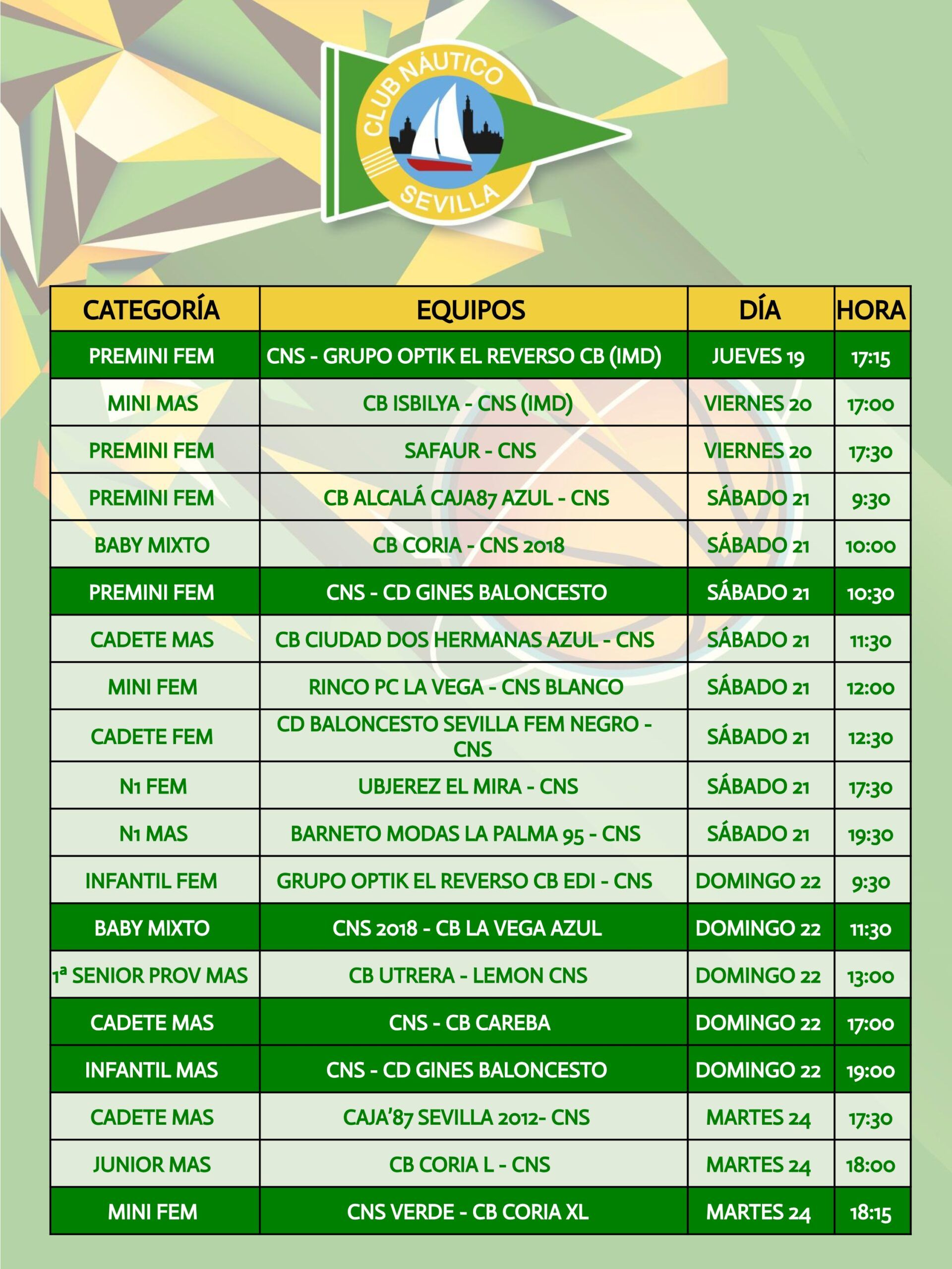 Agenda de la sección de baloncesto del Club Náutico