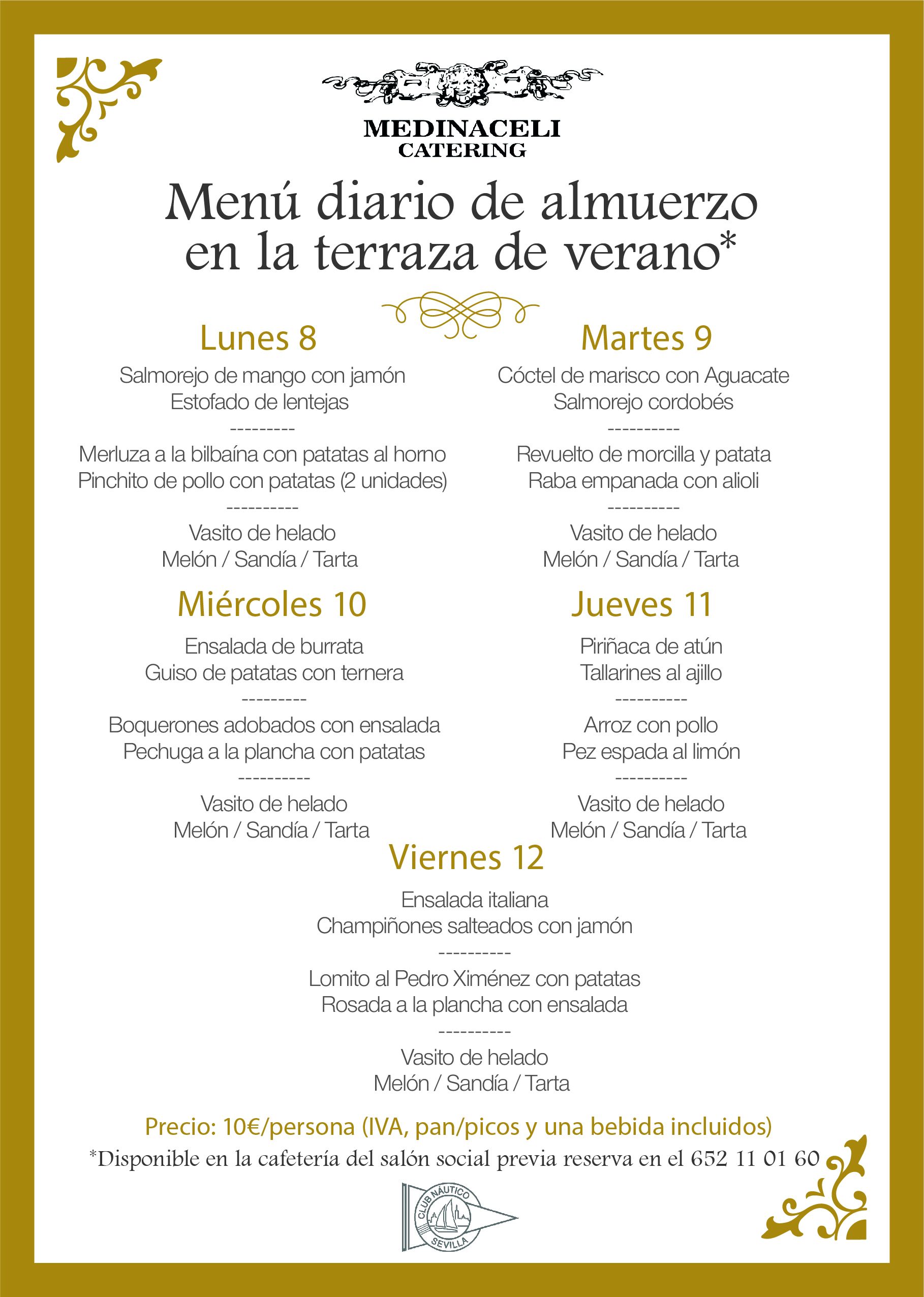 Menú intersemanal del servicio de restauración del Club Náutico