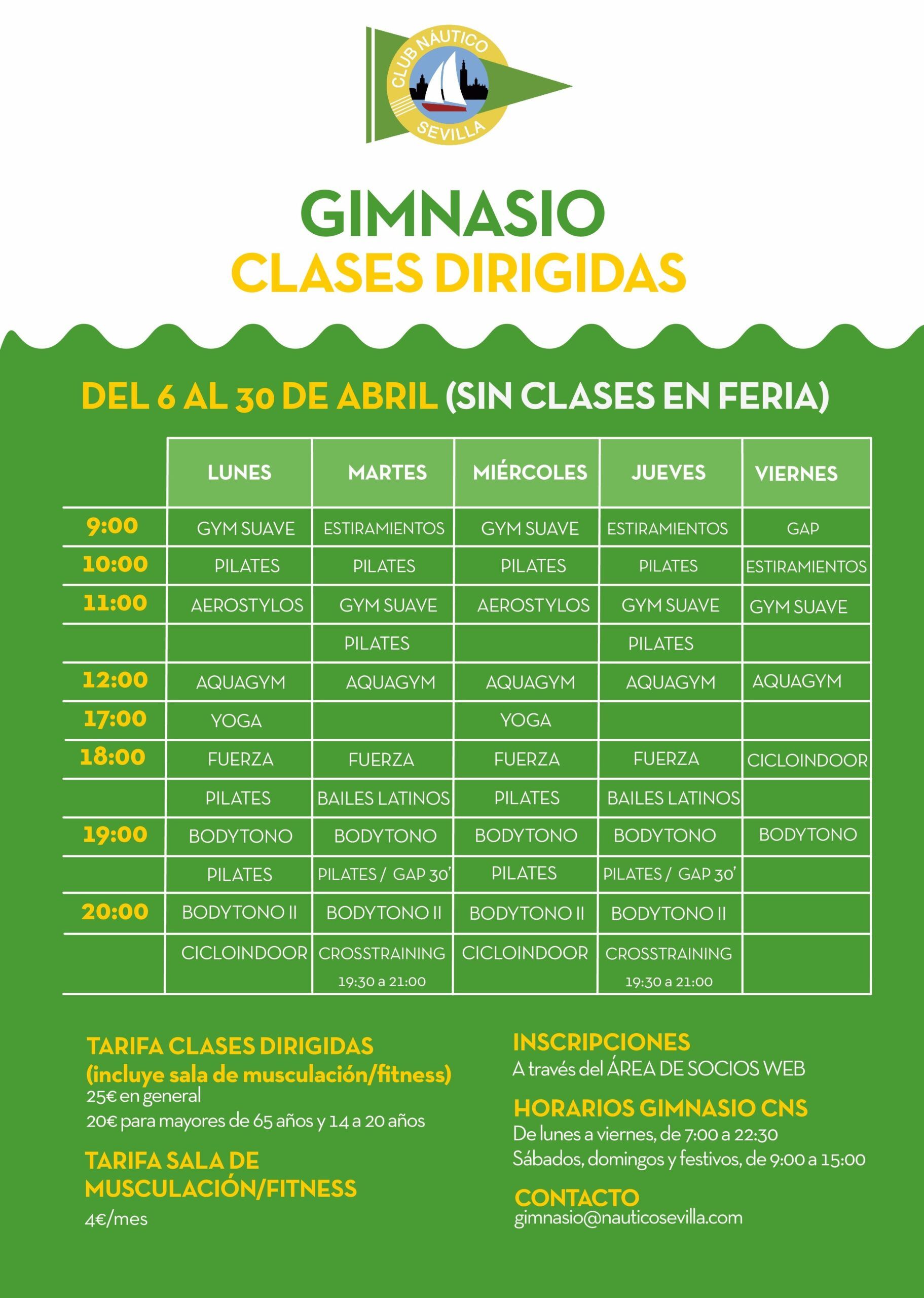 Actividades dirigidas del gimnasio del 6 al 30 abril